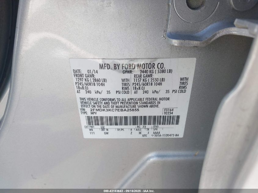 2014 Ford Edge Limited VIN: 2FMDK3KC7EBA25855 Lot: 43183643