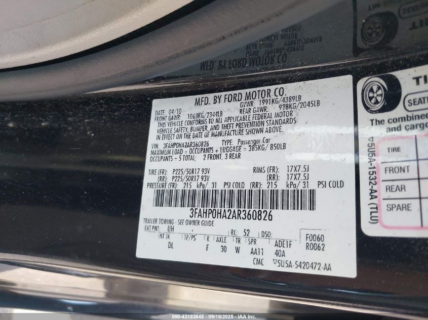 2010 Ford Fusion Se VIN: 3FAHP0HA2AR360826 Lot: 43183648