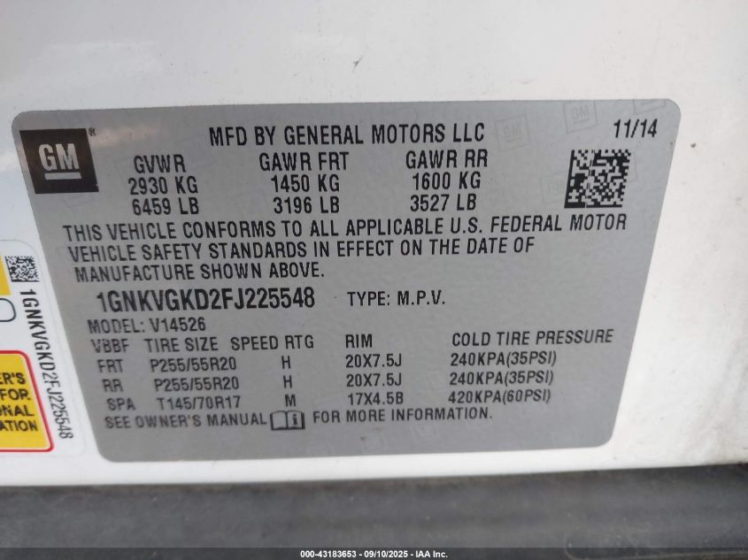 2015 Chevrolet Traverse 1Lt VIN: 1GNKVGKD2FJ225548 Lot: 43183653