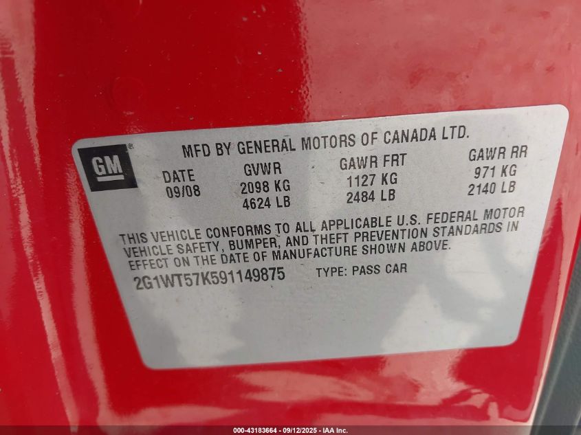 2009 Chevrolet Impala Lt VIN: 2G1WT57K591149875 Lot: 43183664