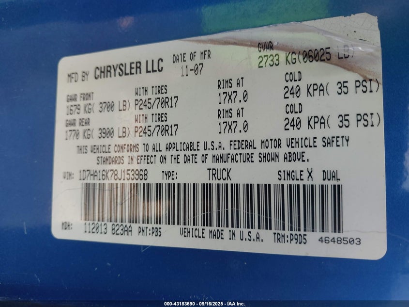 2008 Dodge Ram 1500 St/Sxt VIN: 1D7HA16K78J153968 Lot: 43183690