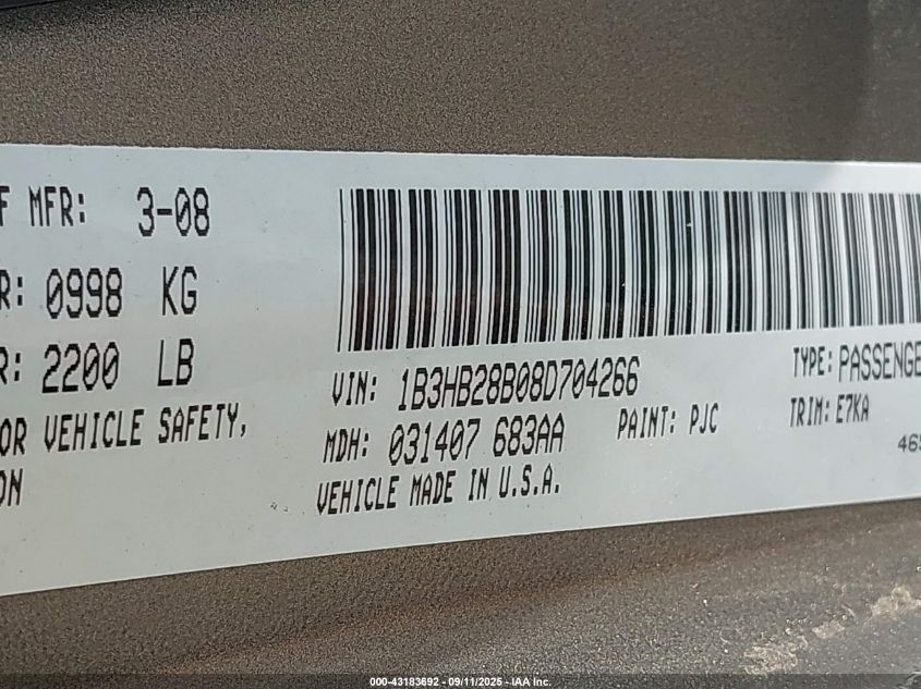 2008 Dodge Caliber Se VIN: 1B3HB28B08D704266 Lot: 43183692