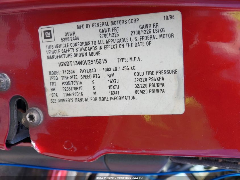 1997 GMC Jimmy Sls VIN: 1GKDT13W0V2515515 Lot: 43183699