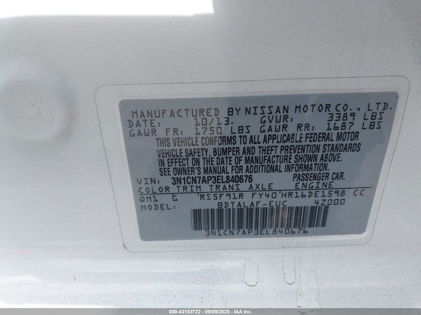 2014 NISSAN VERSA S/S PLUS/SV/SL - 3N1CN7AP3EL840676