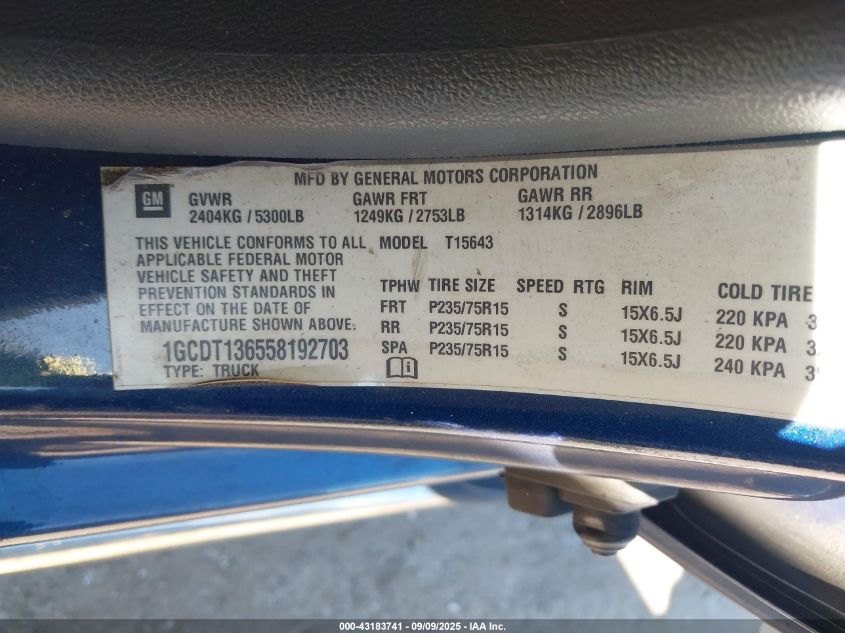 2005 Chevrolet Colorado Ls VIN: 1GCDT136558192703 Lot: 43183741