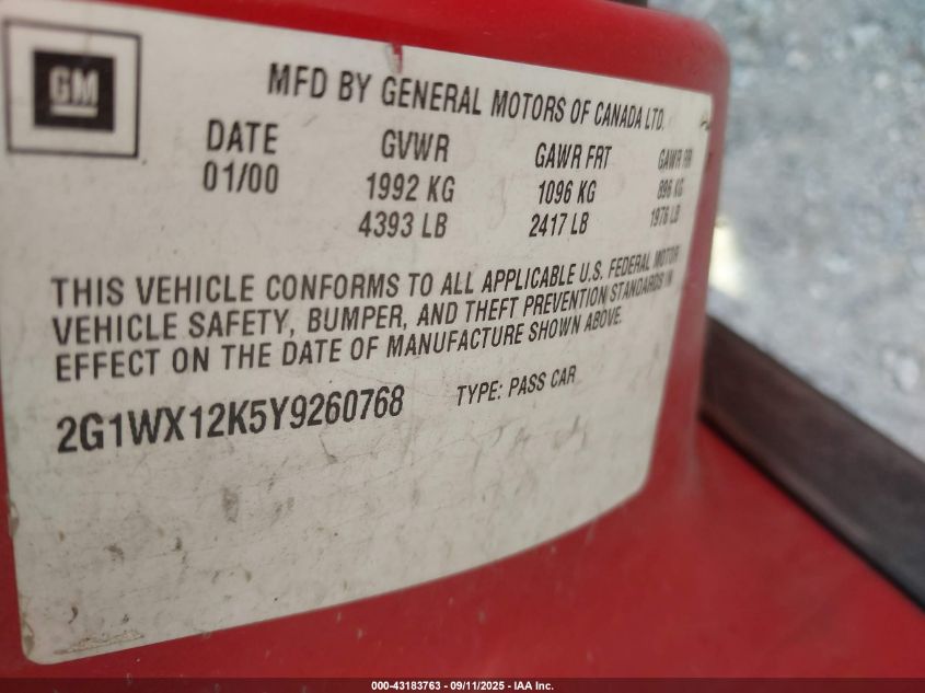 2000 Chevrolet Monte Carlo Ss VIN: 2G1WX12K5Y9260768 Lot: 43183763