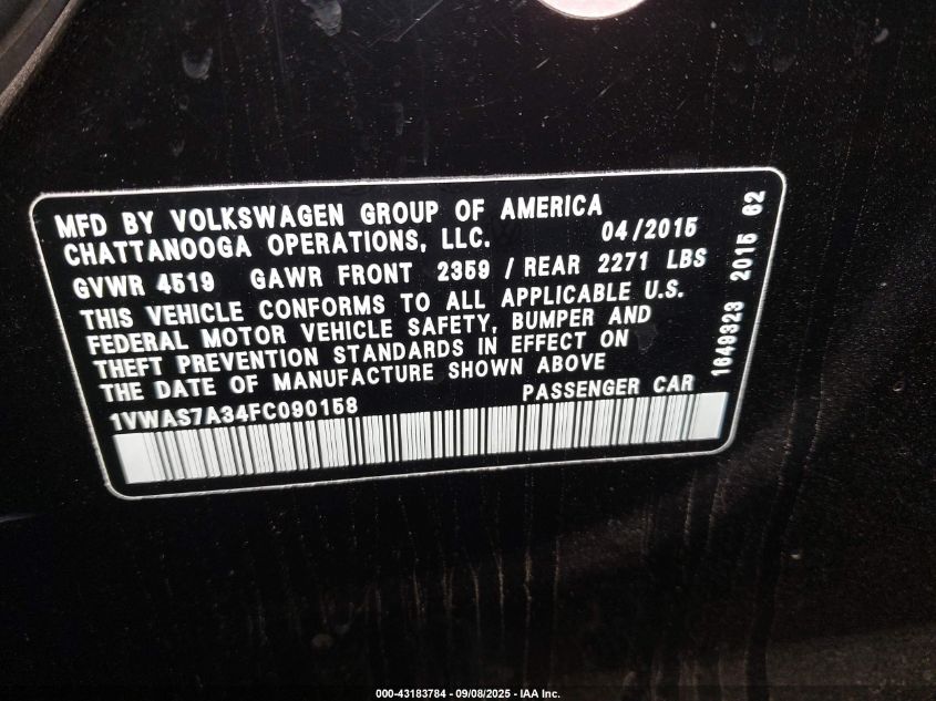 2015 Volkswagen Passat 1.8T Limited Edition VIN: 1VWAS7A34FC090158 Lot: 43183784