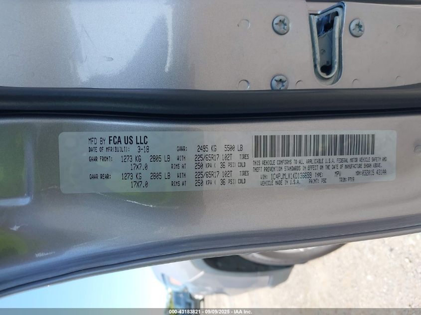 2019 Jeep Cherokee Latitude Plus 4X4 VIN: 1C4PJMLX1KD136659 Lot: 43183821