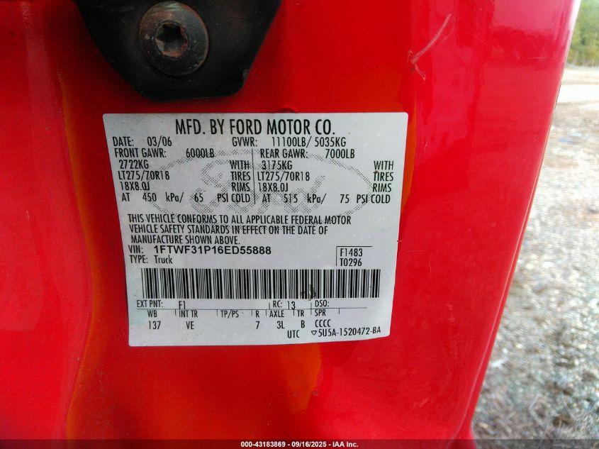 2006 Ford F-350 Xl/Xlt VIN: 1FTWF31P16ED55888 Lot: 43183869