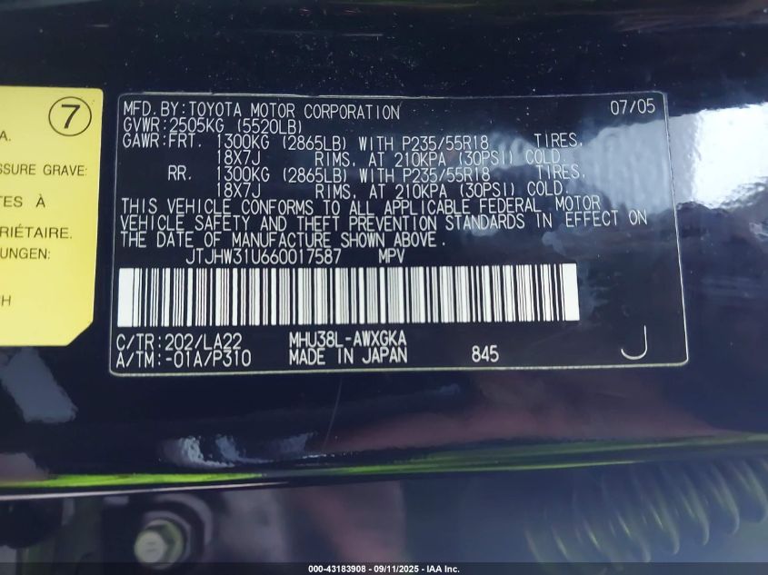 2006 Lexus Rx 400H VIN: JTJHW31U660017587 Lot: 43183908