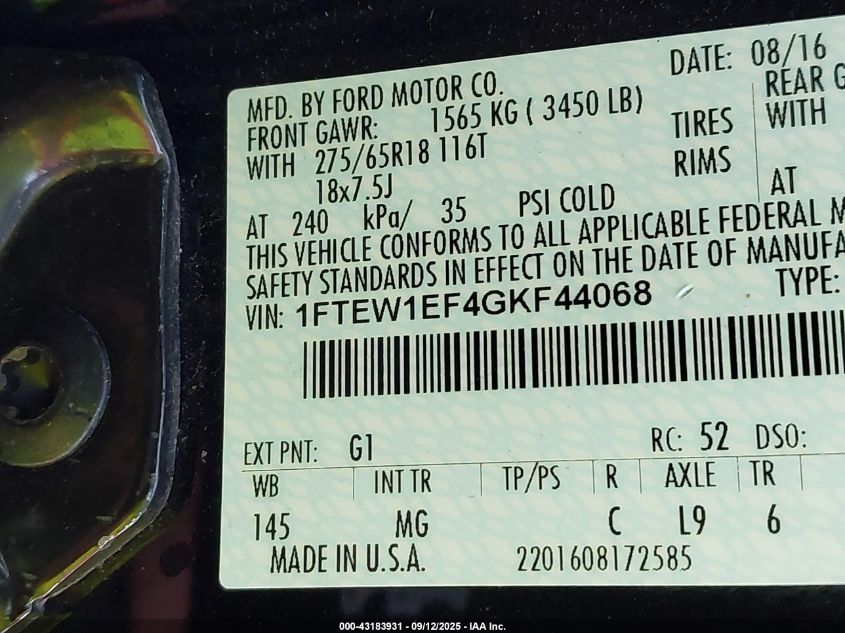 2016 Ford F-150 Xlt VIN: 1FTEW1EF4GKF44068 Lot: 43183931