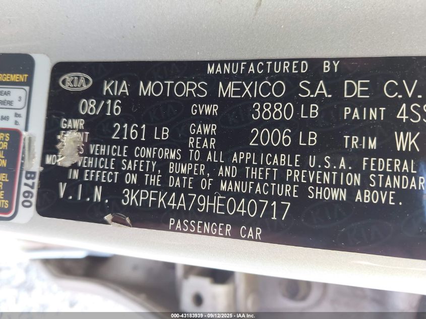 2017 Kia Forte Lx VIN: 3KPFK4A79HE040717 Lot: 43183939