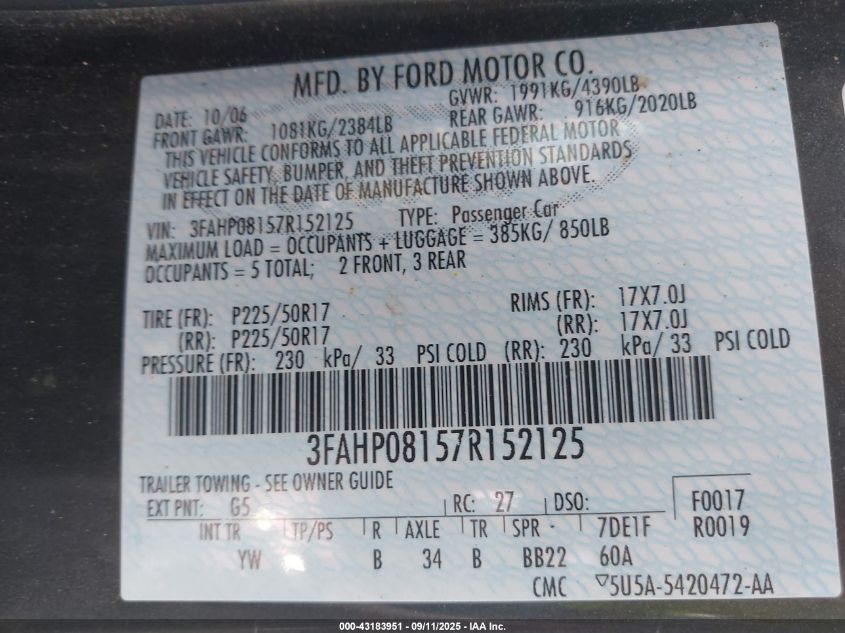 2007 Ford Fusion Sel VIN: 3FAHP08157R152125 Lot: 43183951