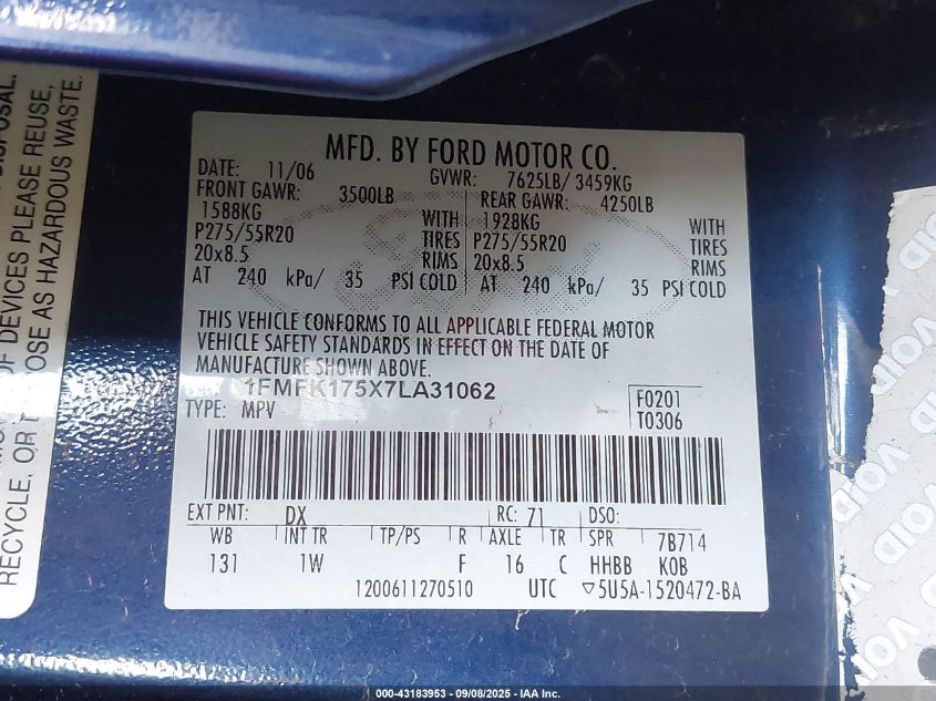 2007 Ford Expedition El Eddie Bauer VIN: 1FMFK175X7LA31062 Lot: 43183953