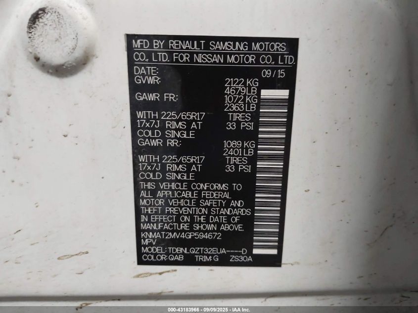 2016 Nissan Rogue Sv VIN: KNMAT2MV4GP594672 Lot: 43183966