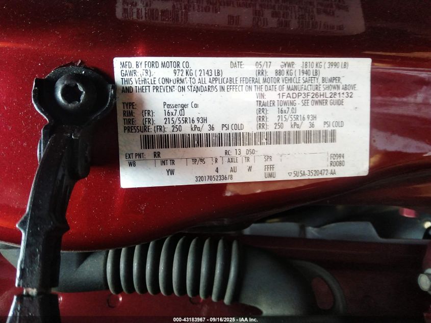 2017 Ford Focus Se VIN: 1FADP3F26HL281132 Lot: 43183967