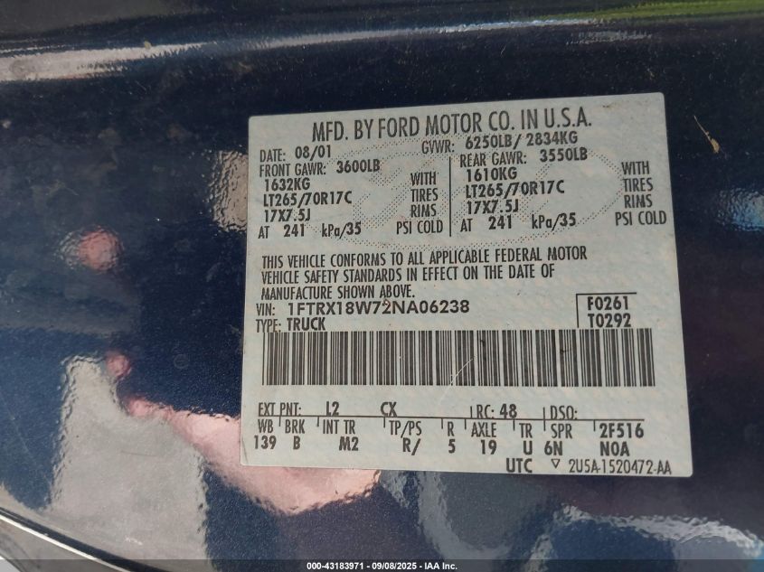 2002 Ford F-150 Lariat/Xl/Xlt VIN: 1FTRX18W72NA06238 Lot: 43183971