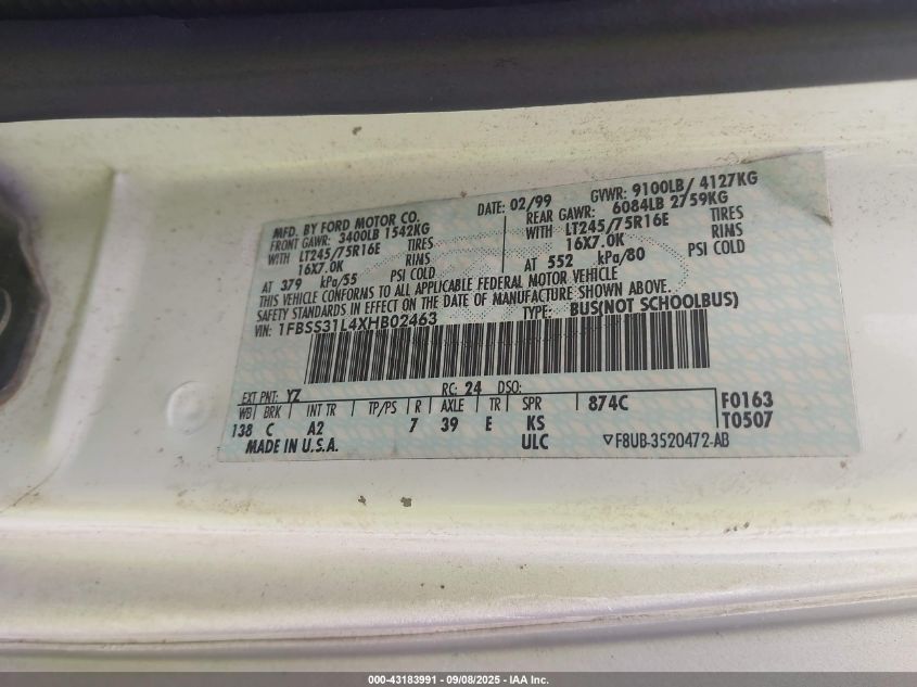 1999 Ford E-350 Super Duty Xl/Xlt VIN: 1FBSS31L4XHB02463 Lot: 43183991