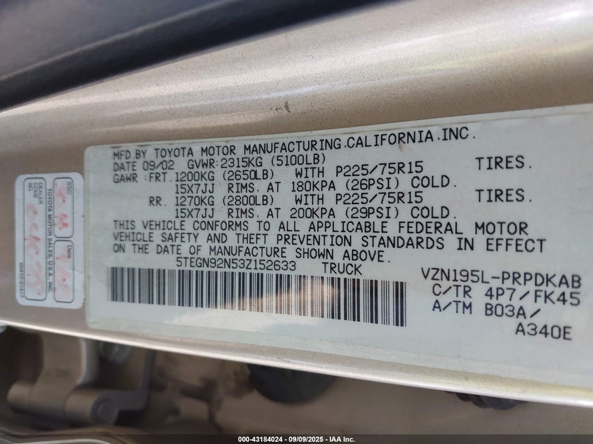 5TEGN92N53Z152633 2003 TOYOTA TACOMA photo no. 9