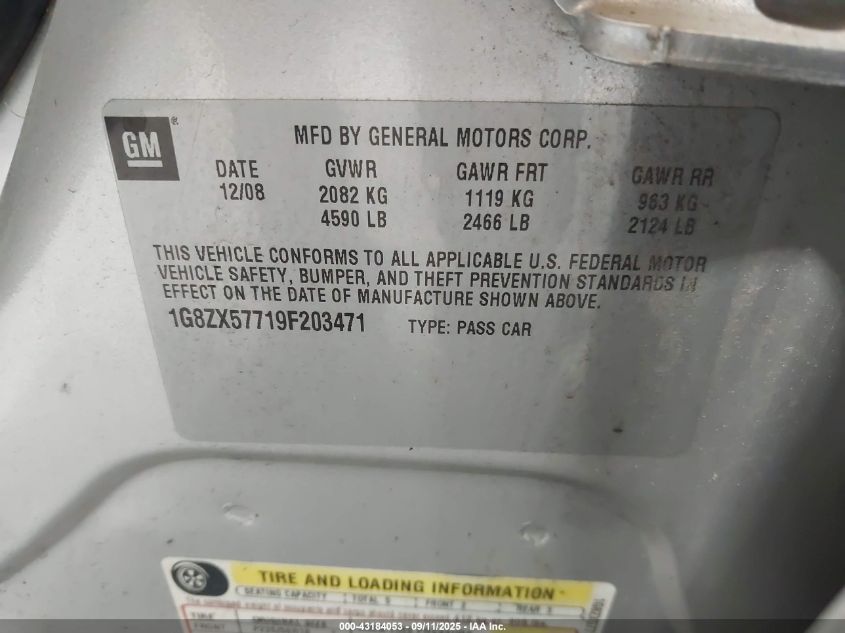 2009 Saturn Aura Xr VIN: 1G8ZX57719F203471 Lot: 43184053