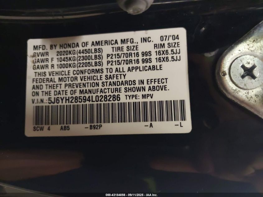 2004 Honda Element Ex VIN: 5J6YH28594L028286 Lot: 43184056