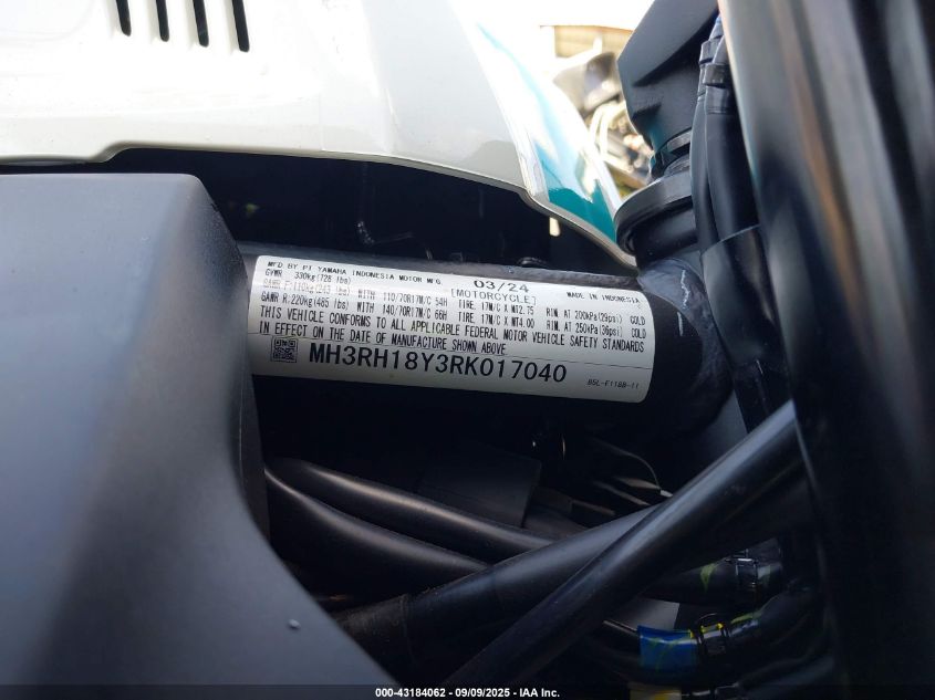 2024 Yamaha Yzfr3 A VIN: MH3RH18Y3RK017040 Lot: 43184062