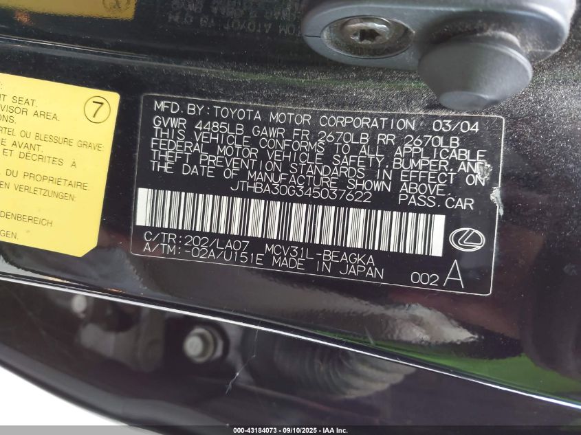 2004 Lexus Es 330 VIN: JTHBA30G345037622 Lot: 43184073