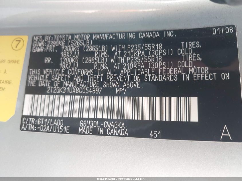 2008 Lexus Rx 350 VIN: 2T2GK31UX8C054897 Lot: 43184084