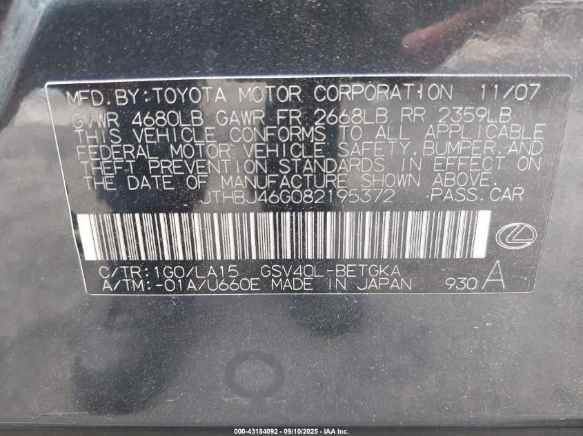 2008 Lexus Es 350 VIN: JTHBJ46G082195372 Lot: 43184092