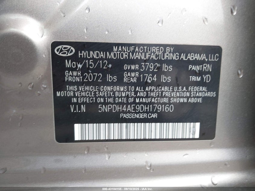 2013 HYUNDAI ELANTRA GLS - 5NPDH4AE9DH179160