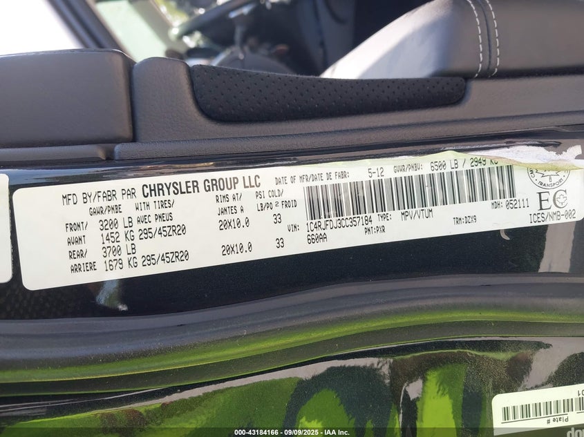 2012 Jeep Grand Cherokee Srt8 VIN: 1C4RJFDJ3CC357184 Lot: 43184166