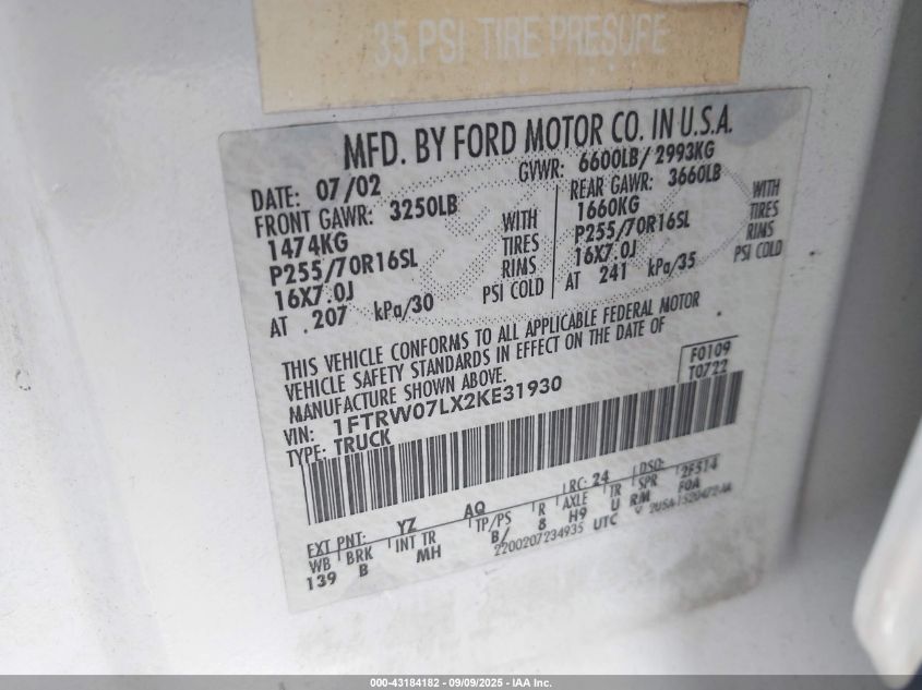 2002 Ford F-150 Lariat/Xlt VIN: 1FTRW07LX2KE31930 Lot: 43184182