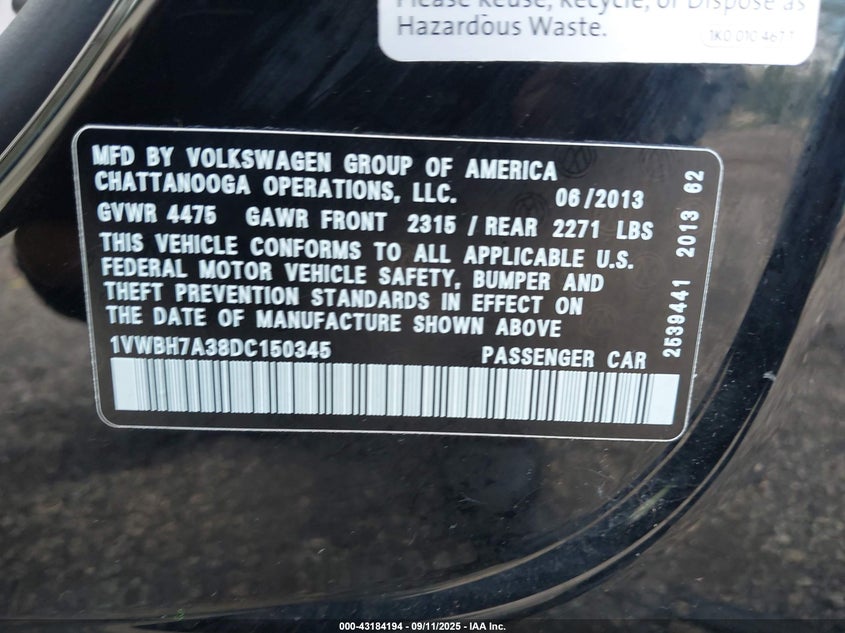 2013 VOLKSWAGEN PASSAT 2.5L SE 1VWBH7A38DC150345