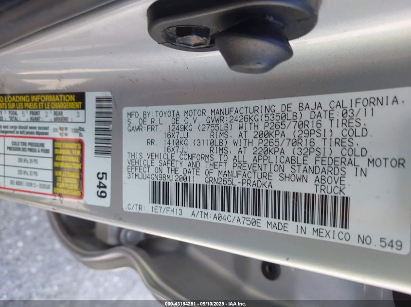 2011 Toyota Tacoma Prerunner V6 VIN: 3TMJU4GN9BM120011 Lot: 43184251