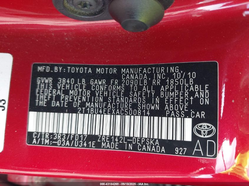 2010 Toyota Corolla S VIN: 2T1BU4EEXAC500814 Lot: 43184269