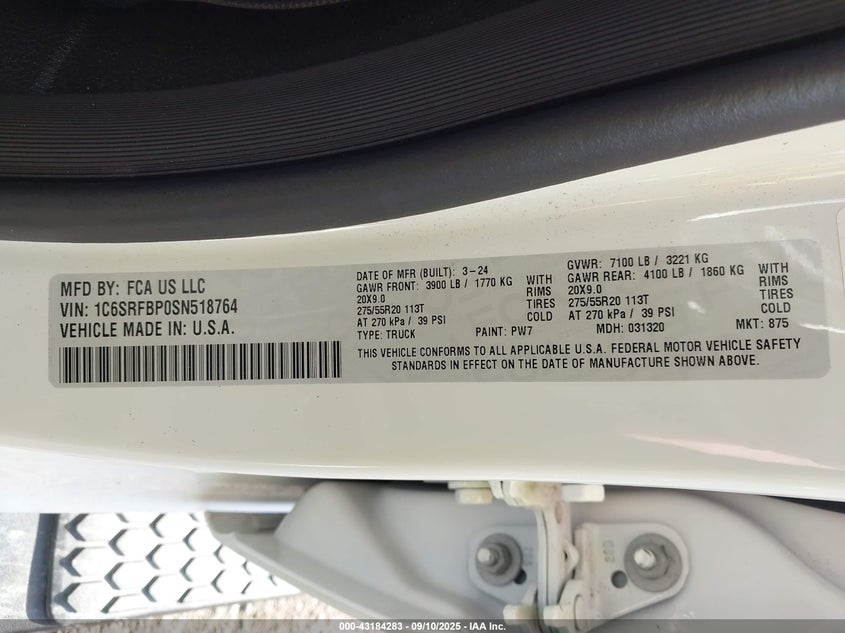 2025 Ram 1500 VIN: 1C6SRFBP0SN518764 Lot: 43184283