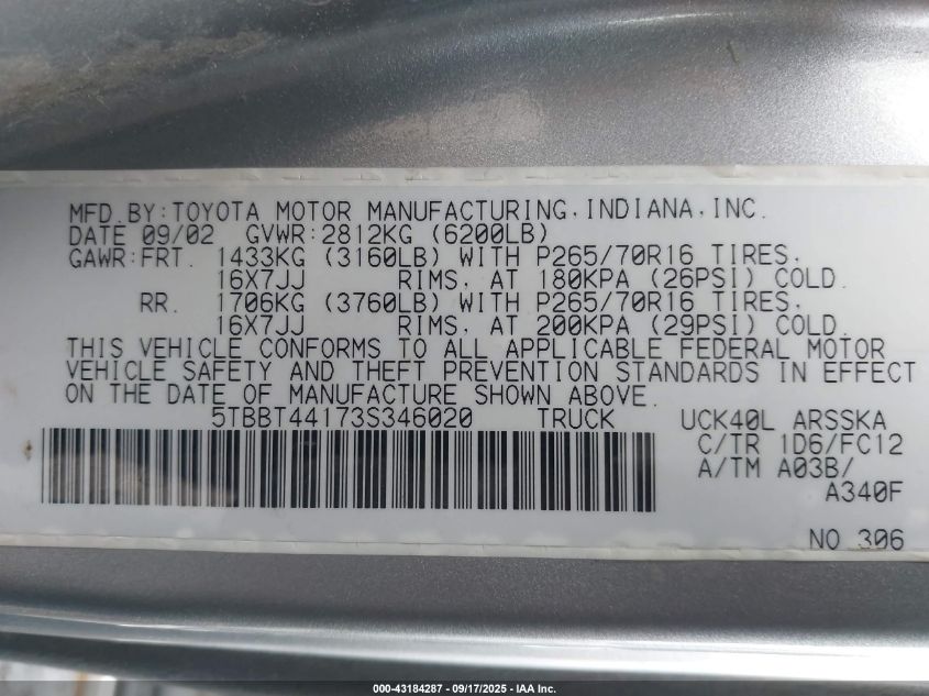 2003 Toyota Tundra Sr5 V8 VIN: 5TBBT44173S346020 Lot: 43184287