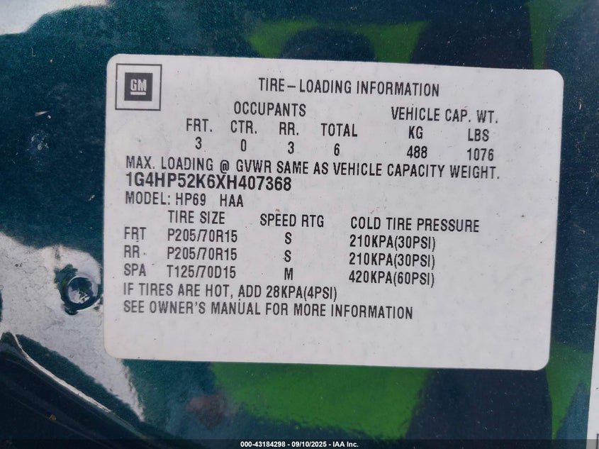 1999 Buick Lasabre VIN: 1G4HP52KXH407368 Lot: 43184298