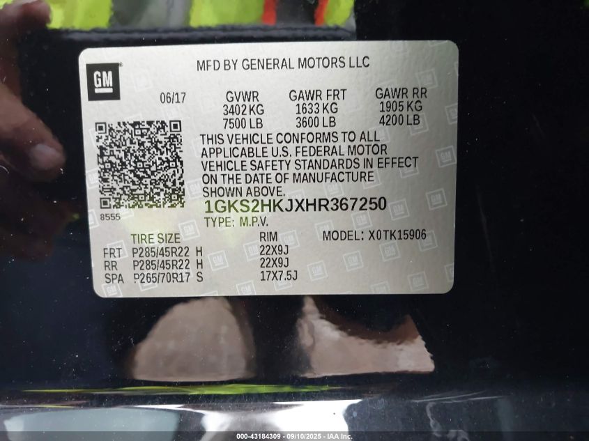 2017 GMC Yukon Xl Denali VIN: 1GKS2HKJXHR367250 Lot: 43184309