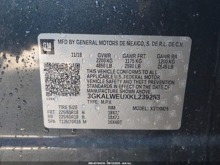 2019 GMC Terrain Slt Diesel VIN: 3GKALWEUXKL239253 Lot: 43184316