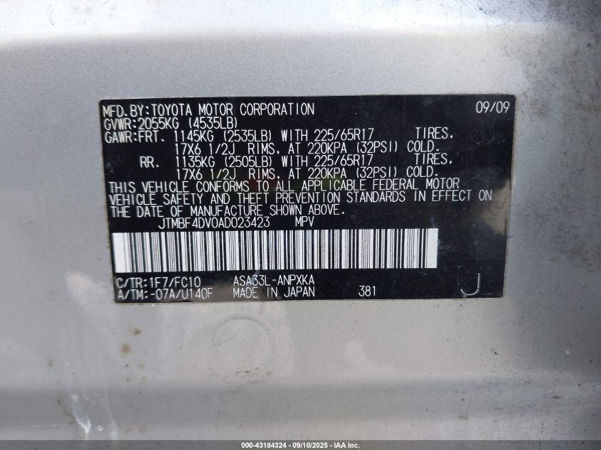 2010 Toyota Rav4 VIN: JTMBF4DV0AD023423 Lot: 43184324