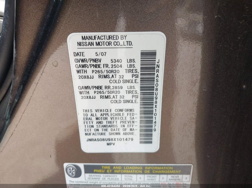 2008 Infiniti Fx35 VIN: JNRAS08U98X101479 Lot: 43184350