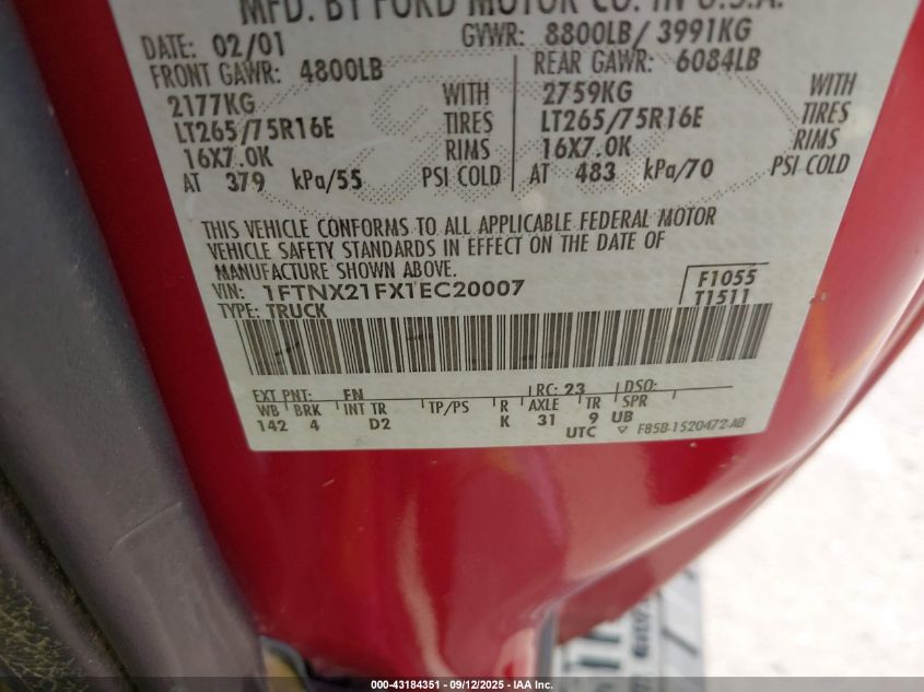 2001 Ford F-250 Lariat/Xl/Xlt VIN: 1FTNX21FX1EC20007 Lot: 43184351