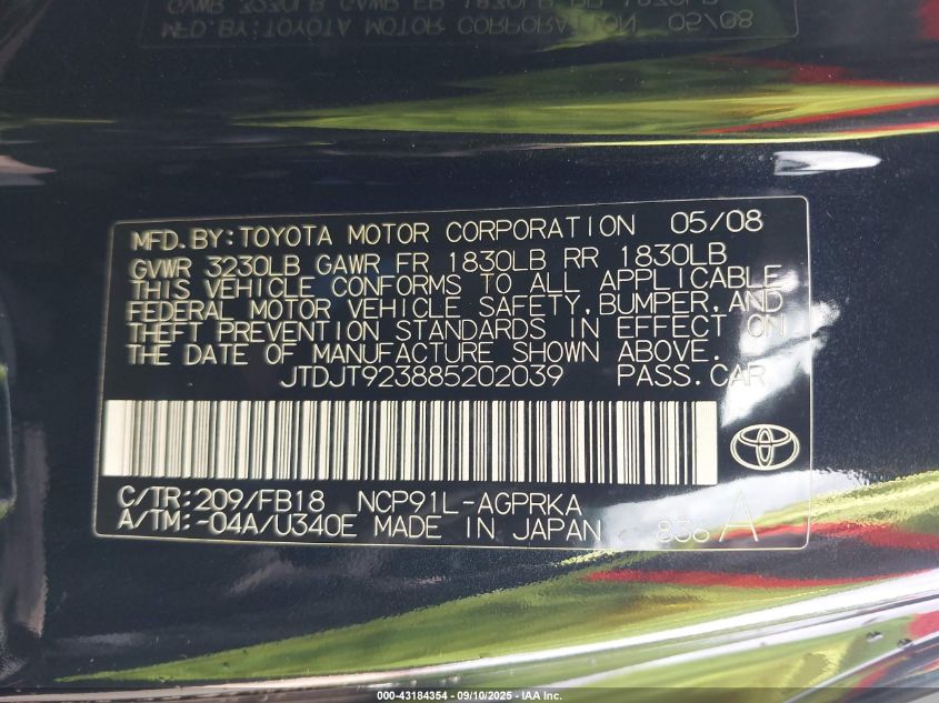 2008 Toyota Yaris VIN: JTDJT923885202039 Lot: 43184354