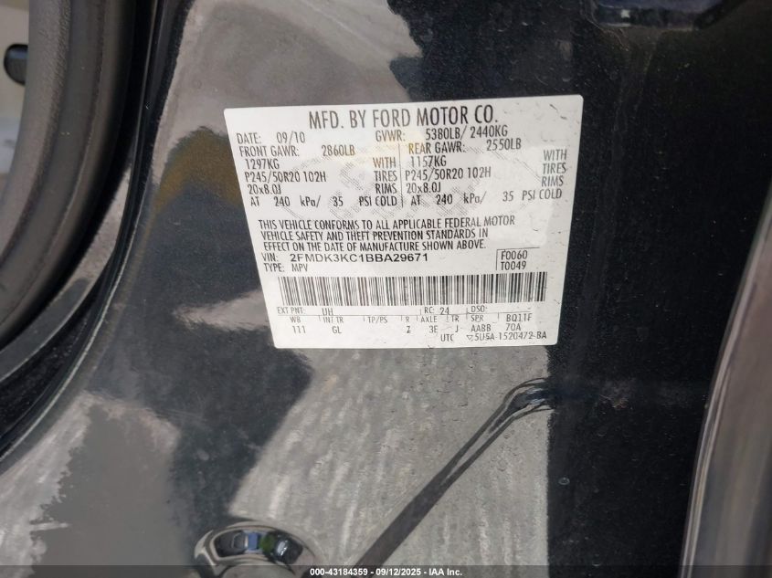 2011 Ford Edge Limited VIN: 2FMDK3KC1BBA29671 Lot: 43184359