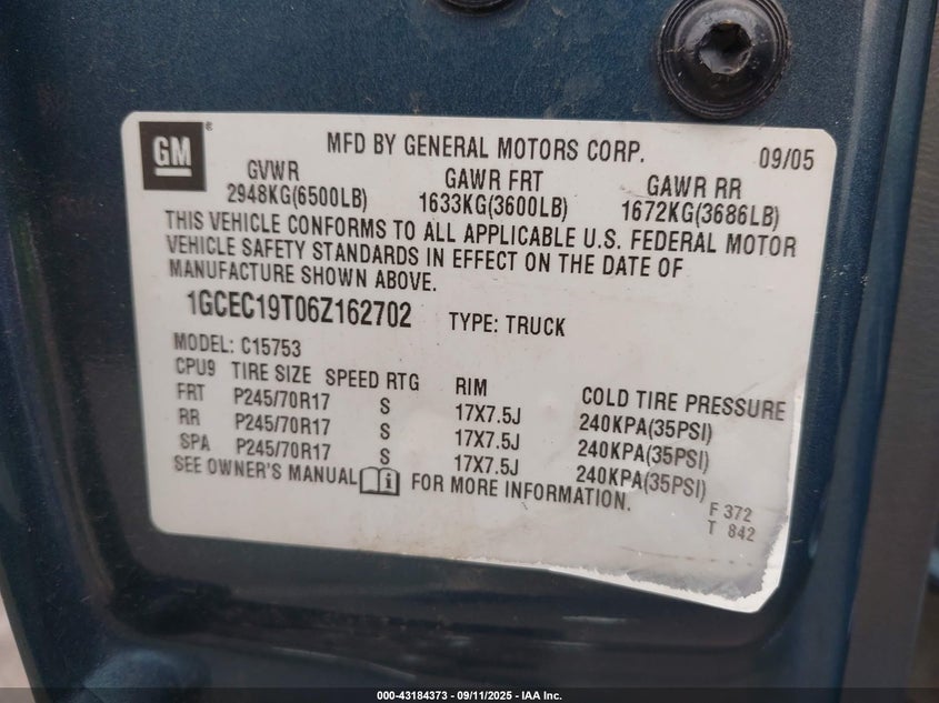 2006 Chevrolet Silverado 1500 Lt2 VIN: 1GCEC19T06Z162702 Lot: 43184373