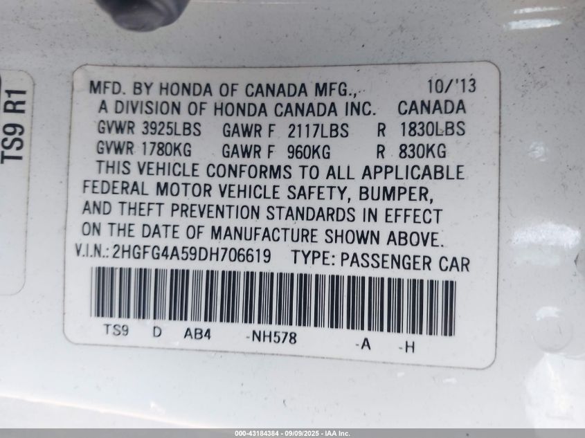 2013 Honda Civic Si VIN: 2HGFG4A59DH706619 Lot: 43184384