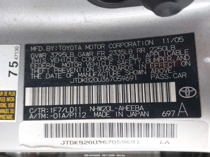 2006 Toyota Prius VIN: JTDKB20U367059691 Lot: 43184385