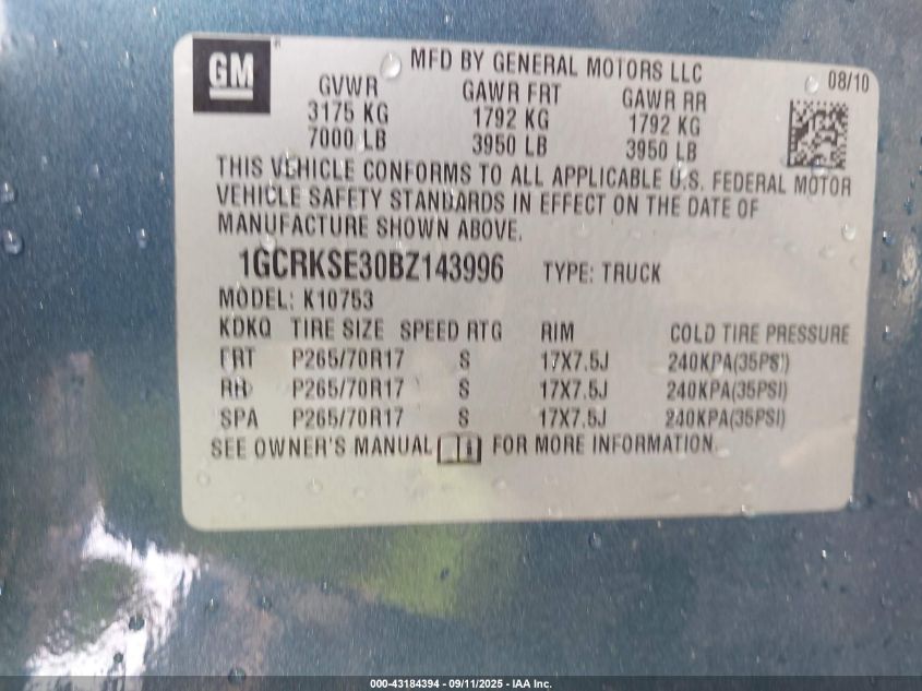 2011 Chevrolet Silverado 1500 Lt VIN: 1GCRKSE30BZ143996 Lot: 43184394