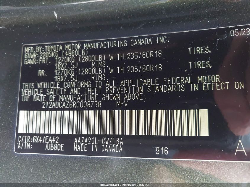 2024 Lexus Nx 250 VIN: 2T2ADCAZ6RC008738 Lot: 43184401